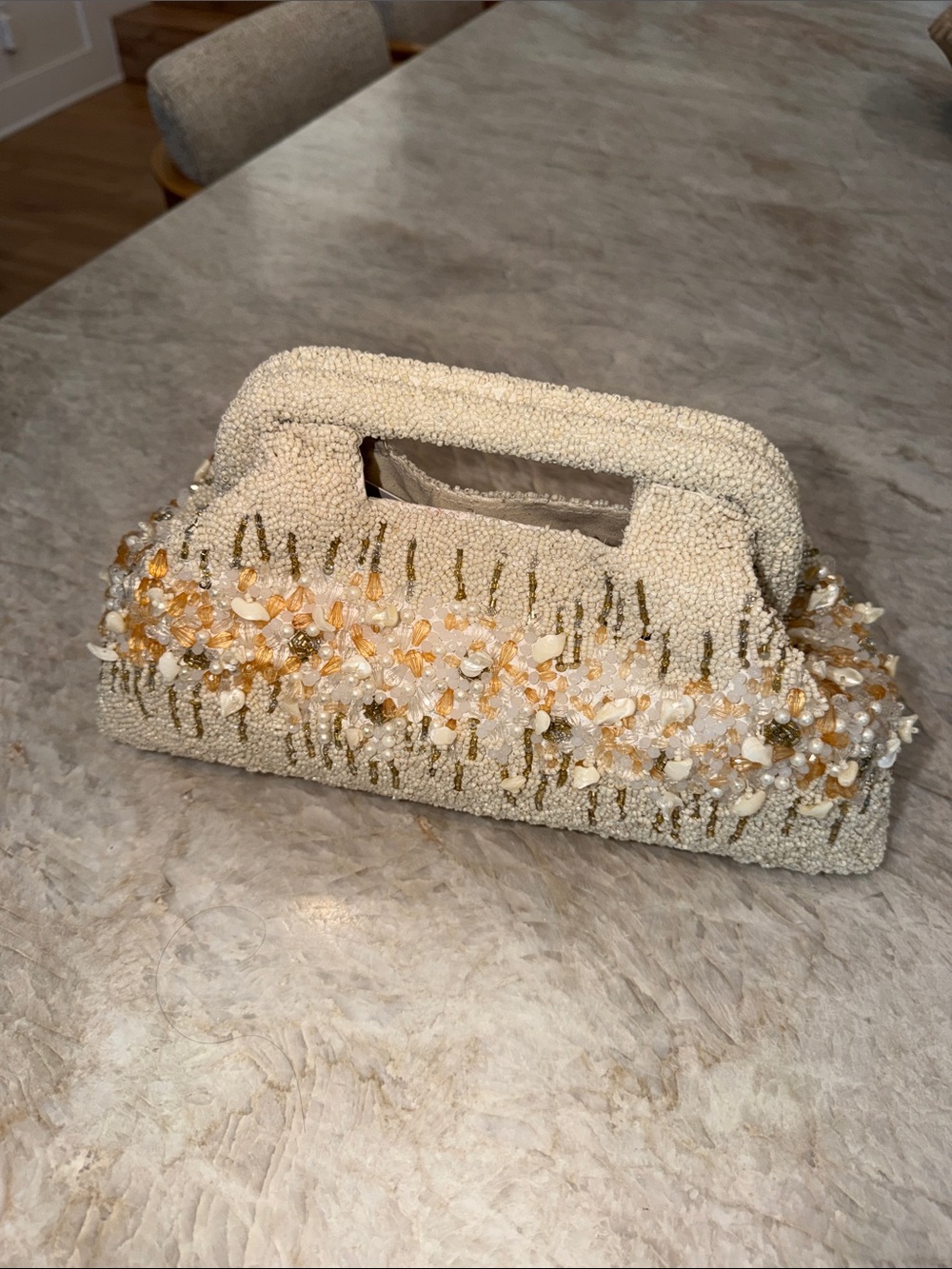 Zara Ivory Beaded Evening Clutch with Gold Accents - Picture 2 of 3